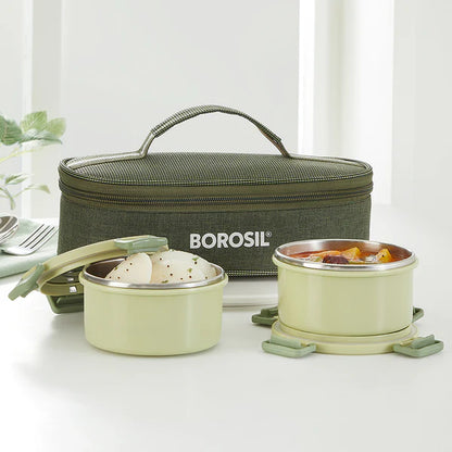 Borosil Glory Lunch Set 280ml *2 With Bag - Plastic Outside Steel Inside Microwavable Containers