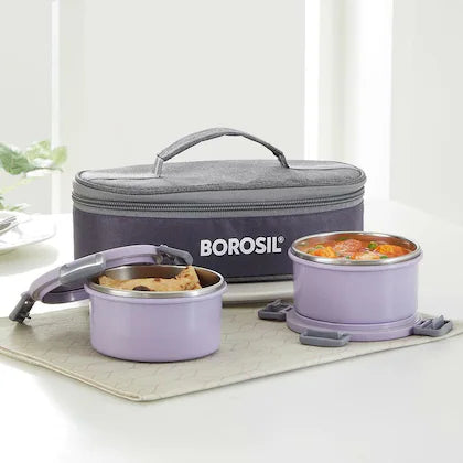 Borosil Glory Lunch Set 280ml *2 With Bag - Plastic Outside Steel Inside Microwavable Containers