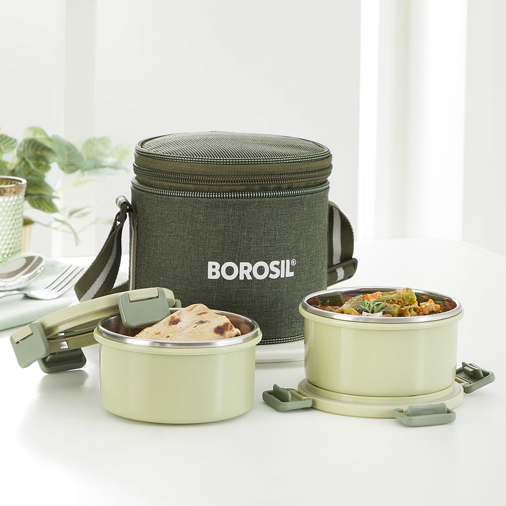 Borosil Glory Lunch Set 280ml *2 With Bag - Plastic Outside Steel Inside Microwavable Containers