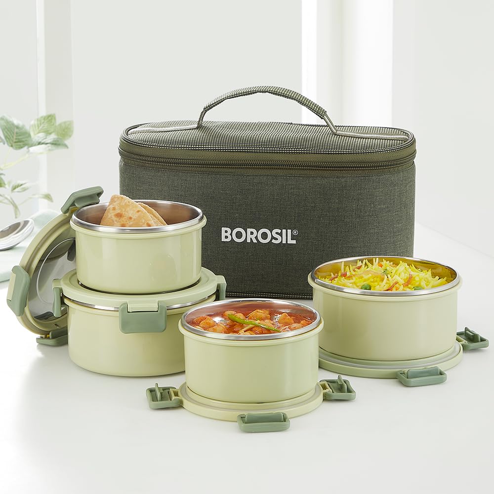 Borosil Glory Microwavable (Inside Stainless Steel, Outside Plastic) Lunch Set with Bag Set Of 4