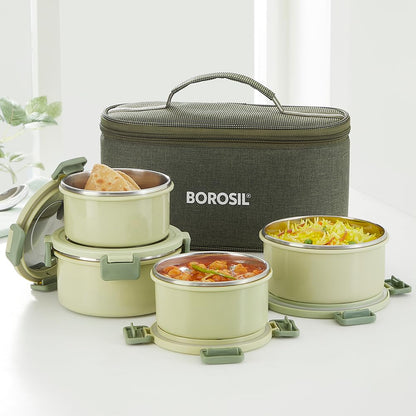 Borosil Glory Microwavable (Inside Stainless Steel, Outside Plastic) Lunch Set with Bag Set Of 4