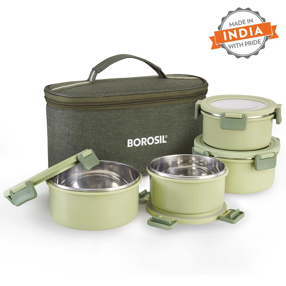 Borosil Glory Microwavable (Inside Stainless Steel, Outside Plastic) Lunch Set with Bag Set Of 4