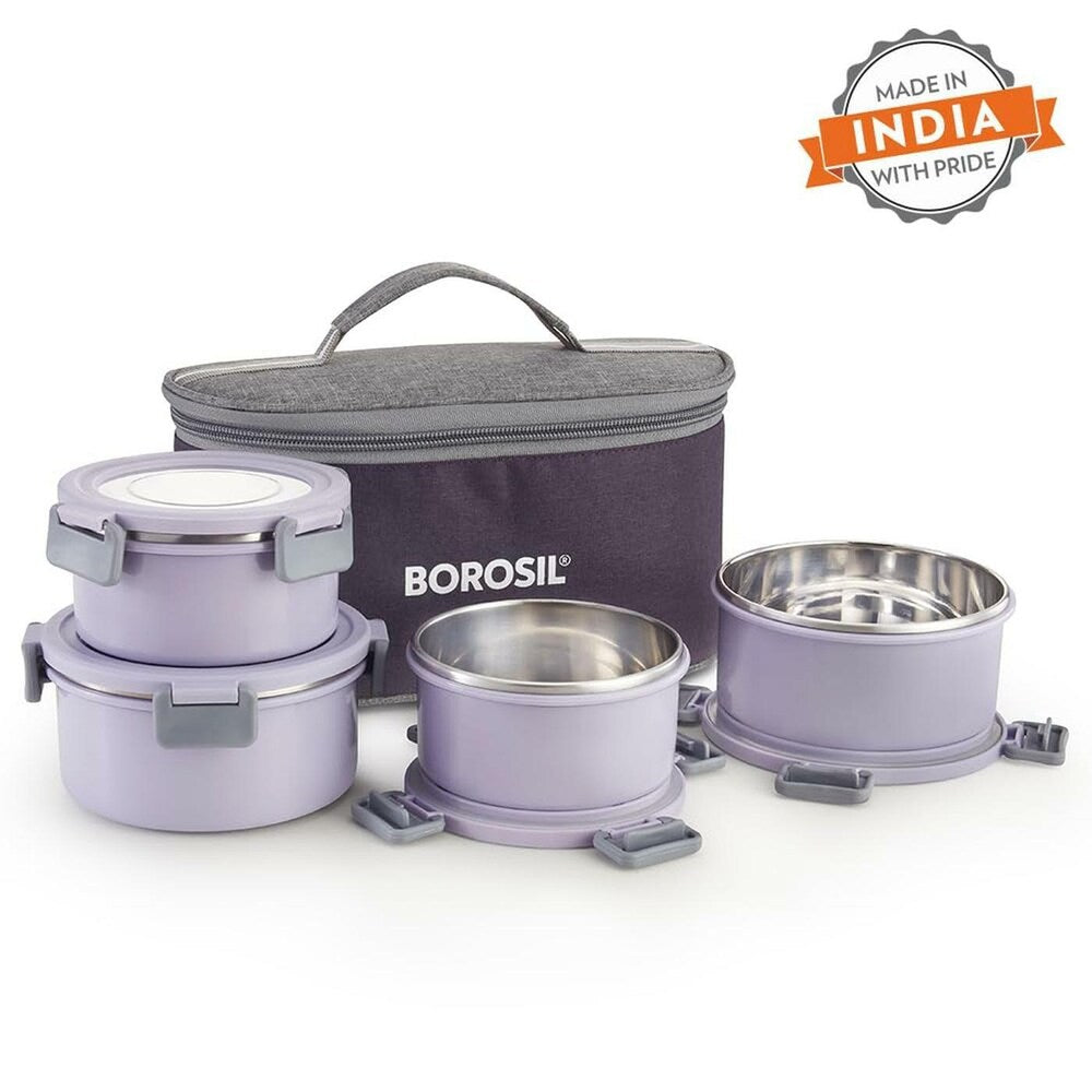 Borosil Glory Microwavable (Inside Stainless Steel, Outside Plastic) Lunch Set with Bag Set Of 4