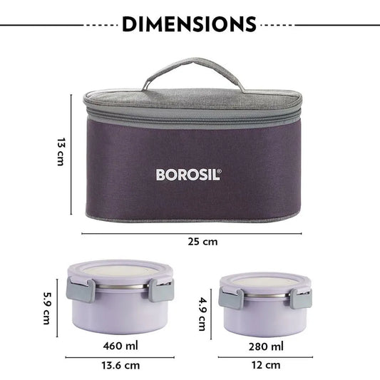 Borosil Glory Microwavable (Inside Stainless Steel, Outside Plastic) Lunch Set with Bag Set Of 4