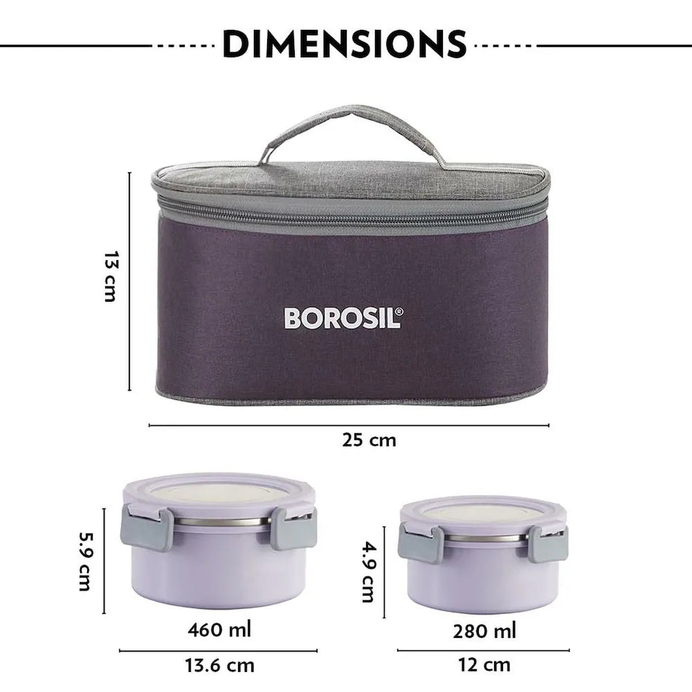 Borosil Glory Microwavable (Inside Stainless Steel, Outside Plastic) Lunch Set with Bag Set Of 4
