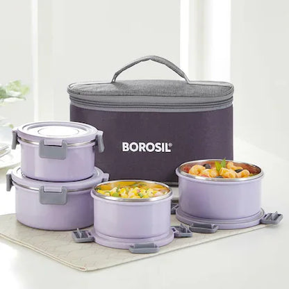 Borosil Glory Microwavable (Inside Stainless Steel, Outside Plastic) Lunch Set with Bag Set Of 4