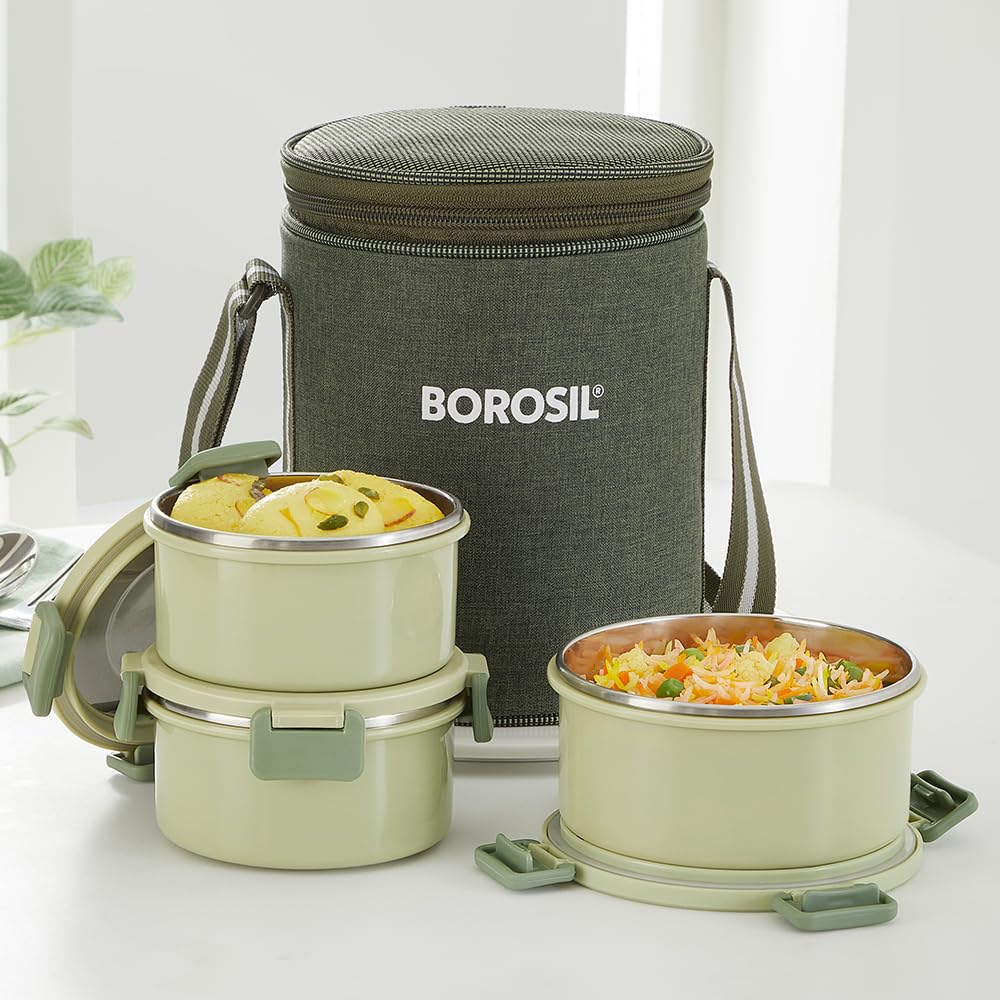 Borosil Glory Green Microwavable (Inside) Stainless Steel (Outside Plastic) Lunch Set with Bag