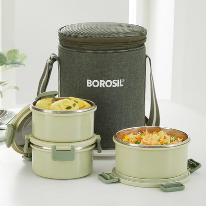 Borosil Glory Green Microwavable (Inside) Stainless Steel (Outside Plastic) Lunch Set with Bag