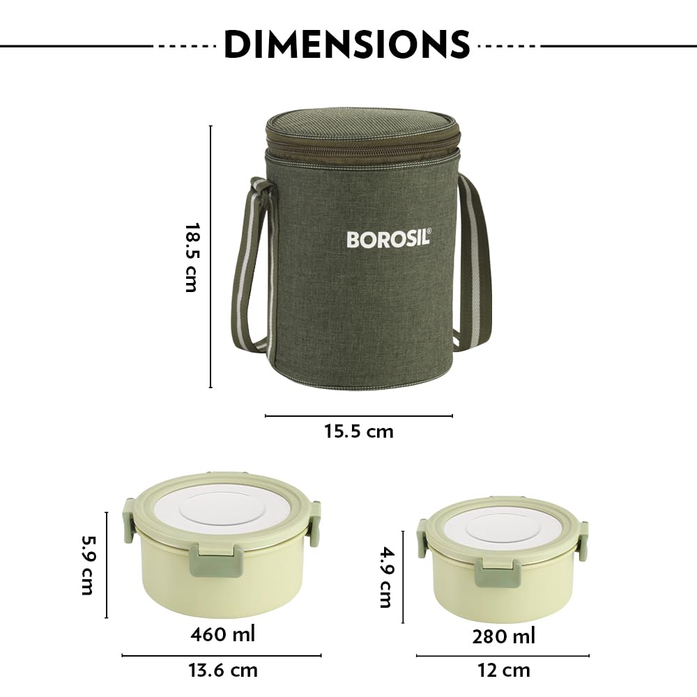 Borosil Glory Green Microwavable (Inside) Stainless Steel (Outside Plastic) Lunch Set with Bag