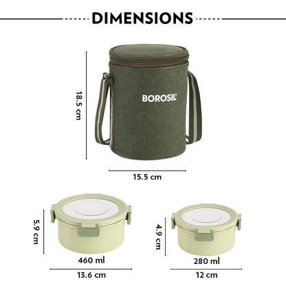 Borosil Glory Green Microwavable (Inside) Stainless Steel (Outside Plastic) Lunch Set with Bag