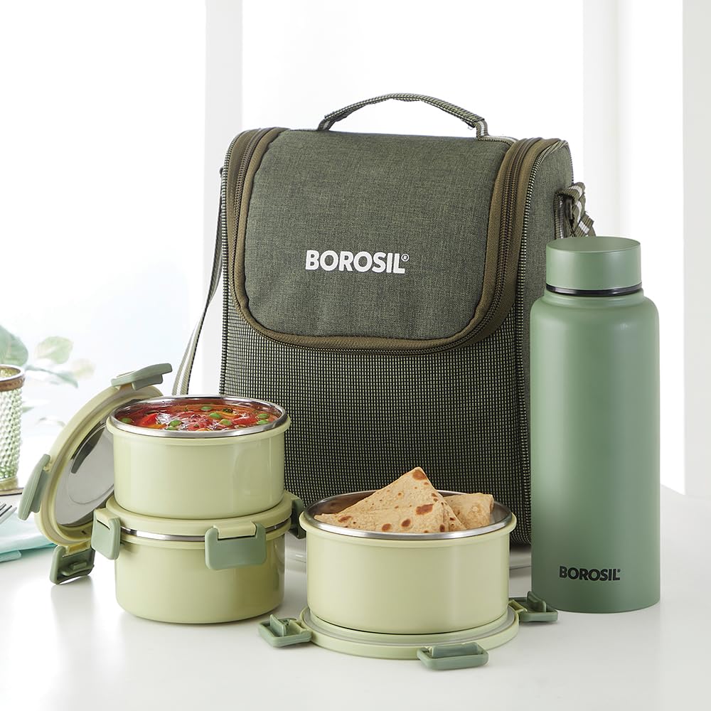 Borosil Glory Green Microwavable (Inside) Stainless Steel (Outside Plastic) Lunch Set with Bag