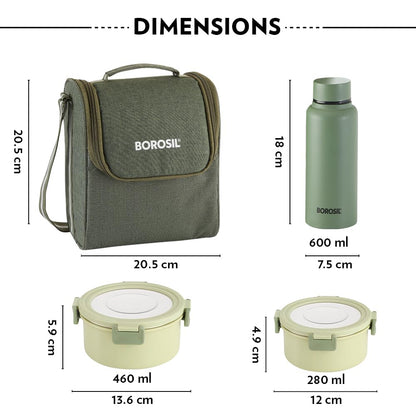 Borosil Glory Green Microwavable (Inside) Stainless Steel (Outside Plastic) Lunch Set with Bag