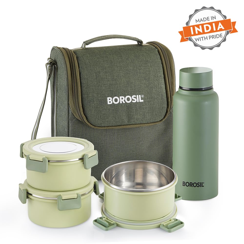 Borosil Glory Green Microwavable (Inside) Stainless Steel (Outside Plastic) Lunch Set with Bag