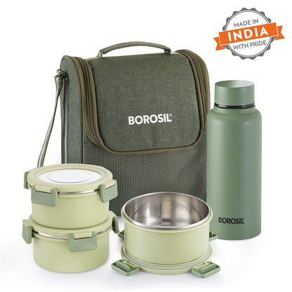 Borosil Glory Green Microwavable (Inside) Stainless Steel (Outside Plastic) Lunch Set with Bag
