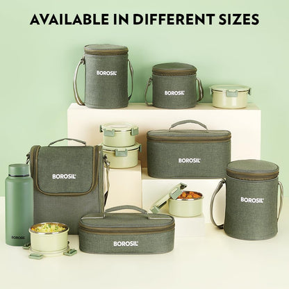 Borosil Glory Green Microwavable (Inside) Stainless Steel (Outside Plastic) Lunch Set with Bag