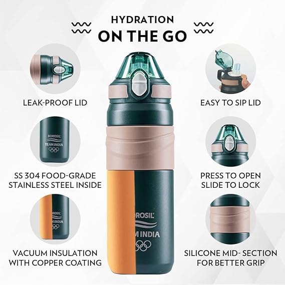 Borosil Hydra Adventure Thermal Vacuum Insulated Bottle 560ml with Straw