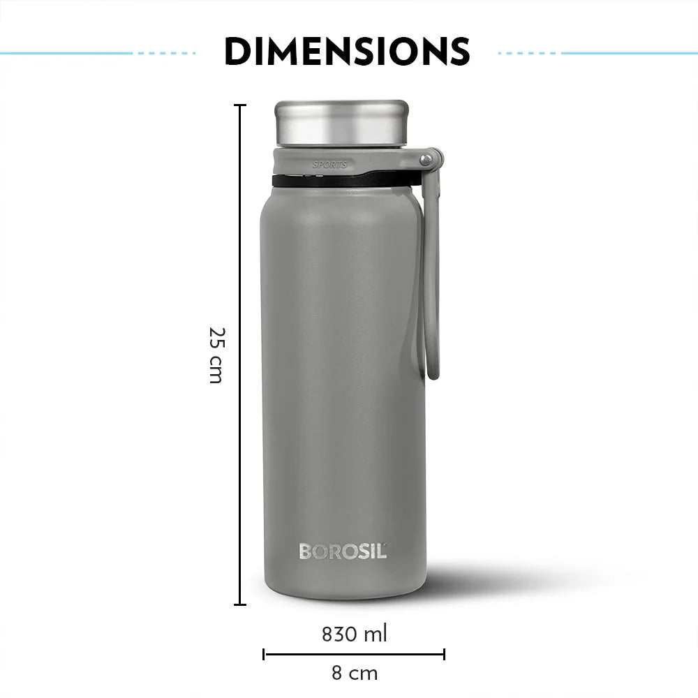 Borosil Hydra Aquafit Grey 830ml Vacuum Insulated Thermal Bottle