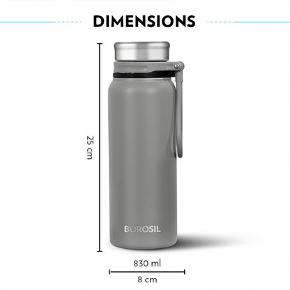 Borosil Hydra Aquafit Grey 830ml Vacuum Insulated Thermal Bottle