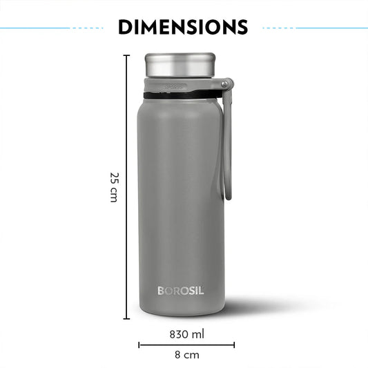 Borosil Hydra Aquafit Grey 830ml Vacuum Insulated Thermal Bottle