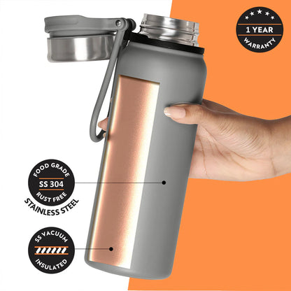 Borosil Hydra Aquafit Grey 830ml Vacuum Insulated Thermal Bottle