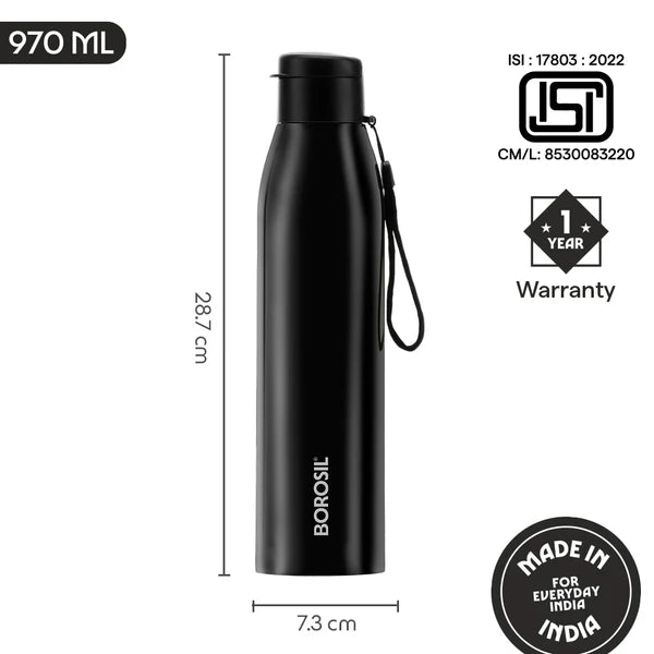 Borosil Hydra Glint 970ml Single Wall Stainless Steel Bottle