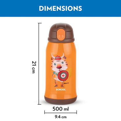 Borosil Hydra Tigry Kids Thermal Vacuum Insulated Bottle 500ml with Straw