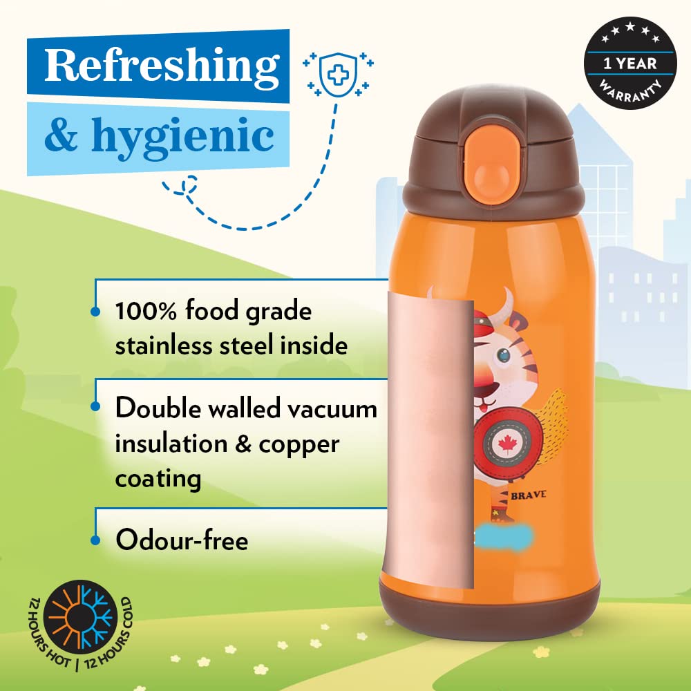 Borosil Hydra Tigry Kids Thermal Vacuum Insulated Bottle 500ml with Straw