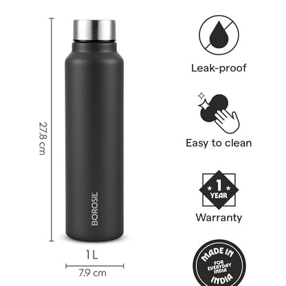 Borosil Hydra Sip N Chill Black 1000ml Stainless Steel Bottle