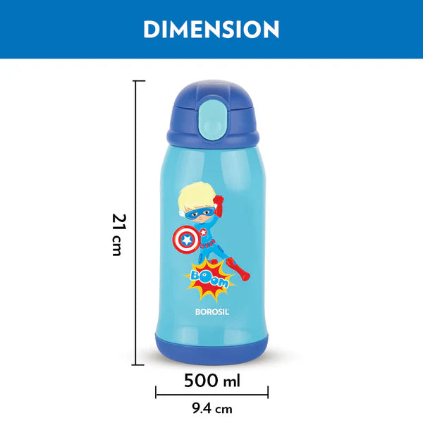 Borosil Hydra Kids Thermal Vacuum Insulated Bottle 500ml with Straw