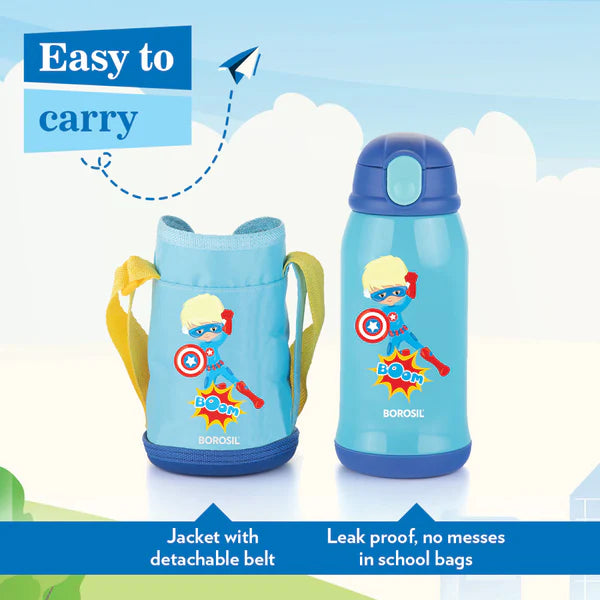 Borosil Hydra Kids Thermal Vacuum Insulated Bottle 500ml with Straw