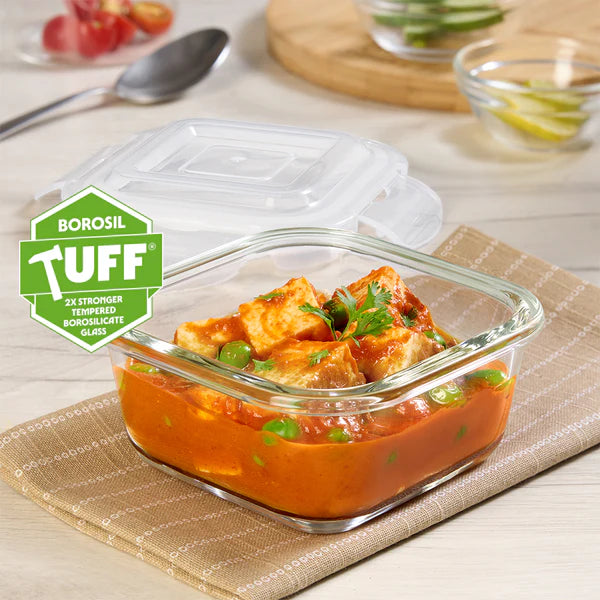 Borosil Klip n Store Square Borosilicate Glass Container