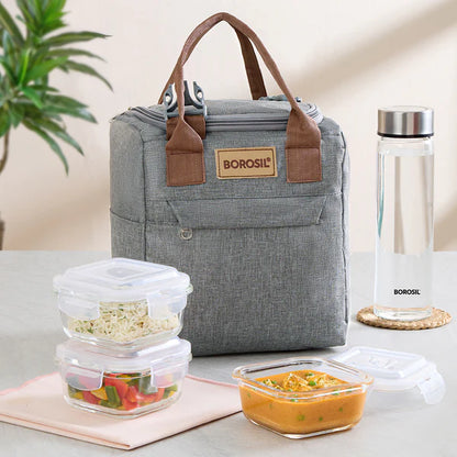 Borosil Borosilicated Glass Lunch Set With Glass Bottle And Bag