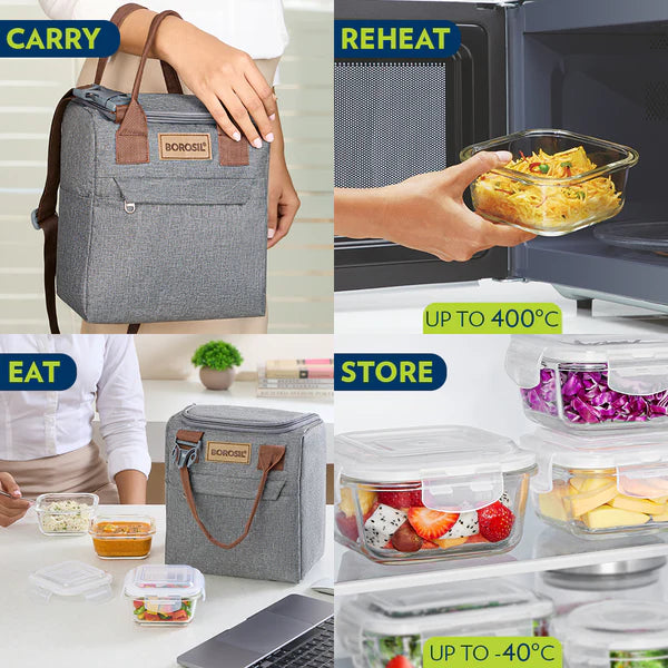 Borosil Borosilicated Glass Lunch Set With Glass Bottle And Bag