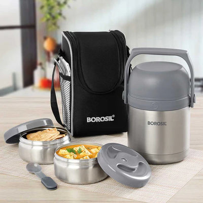 Borosil Hot-N-Fresh Thermal Vacuum Insulated Lunch Box with Bag Set of 2