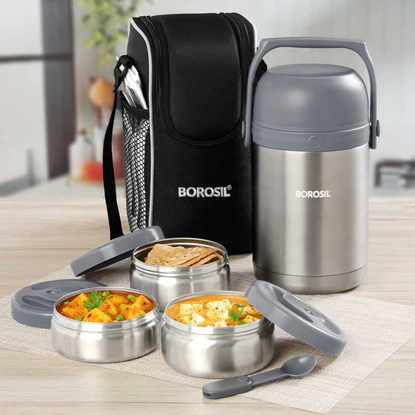 Borosil Hot-N-Fresh Thermal Vacuum Insulated Lunch Box with Bag Set of 3