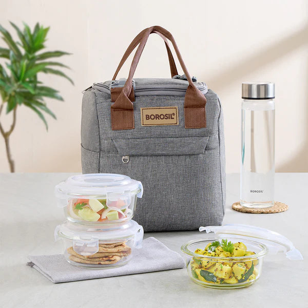 Borosil Borosilicated Glass Lunch Set With Glass Bottle And Bag