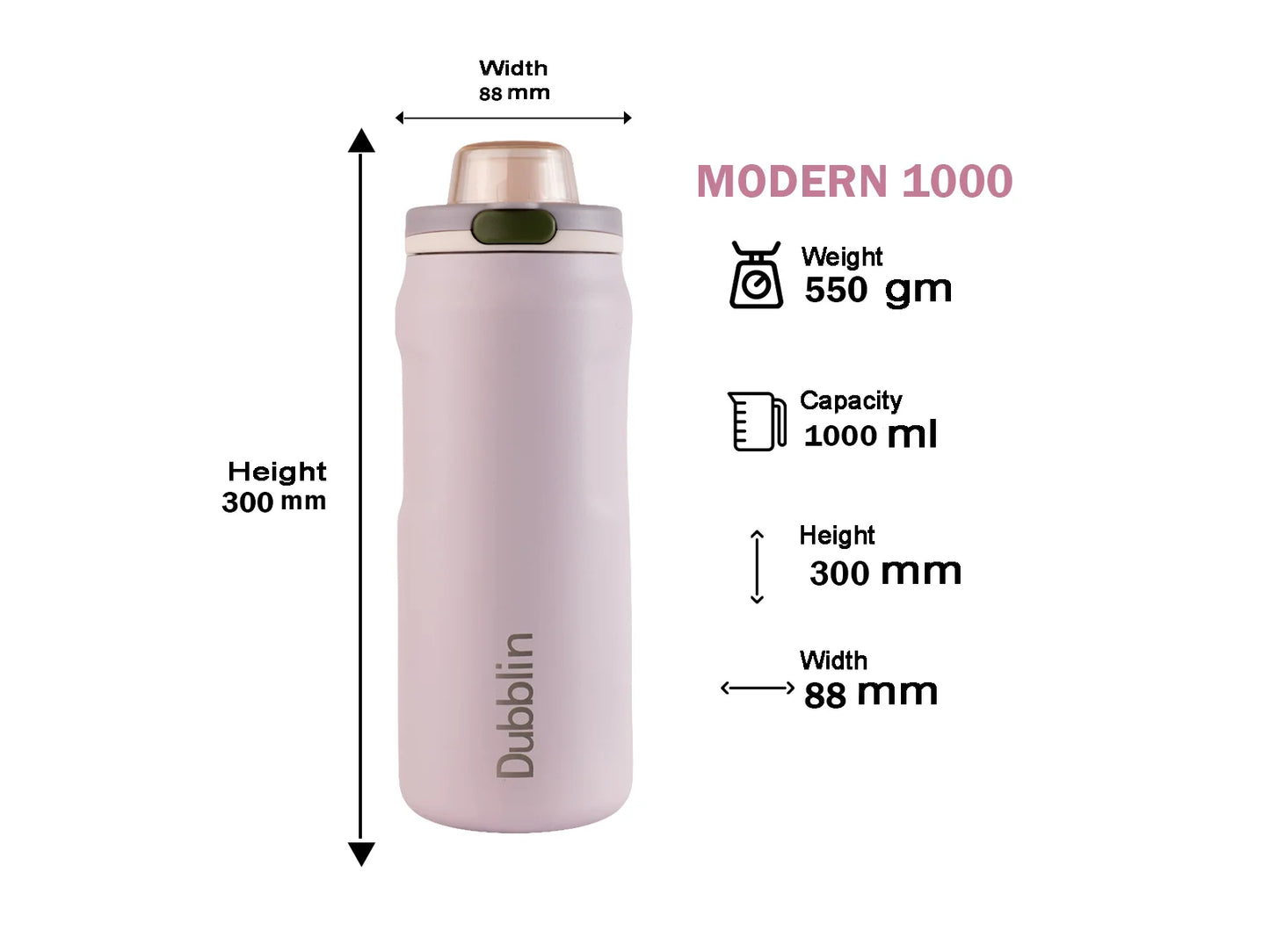 Dubblin Modern 1000 Thermal Vacuum Insulated Bottle (Twin Flow: Normal Sipper Plus Straw Sipper)