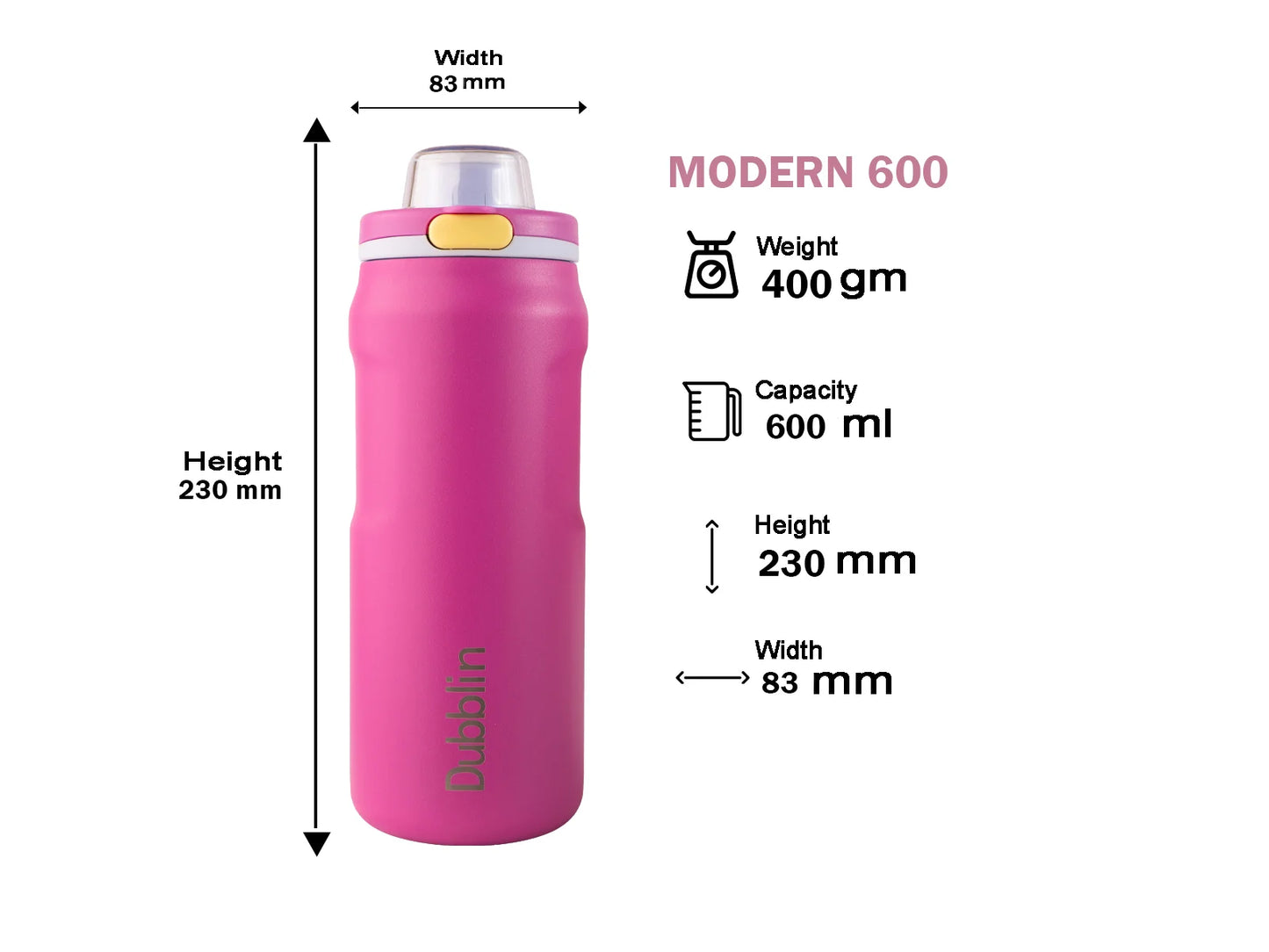 Dubblin Modern 600 Thermal Vacuum Insulated Bottle (Twin Flow: Normal Sipper Plus Straw Sipper)