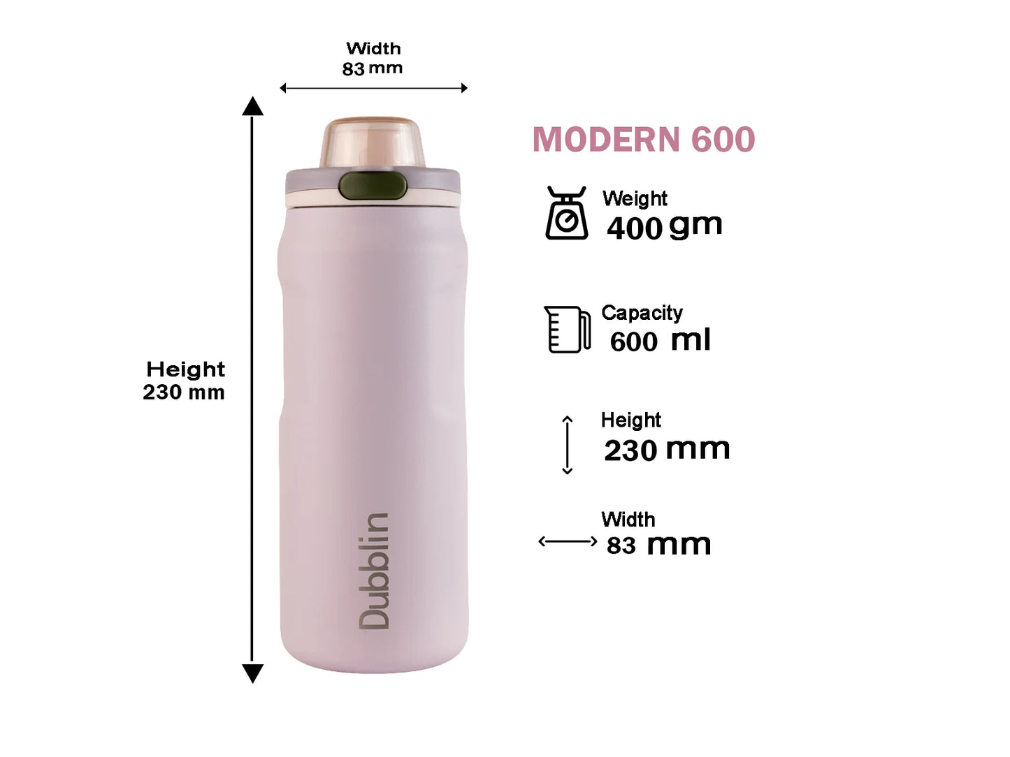 Dubblin Modern 600 Thermal Vacuum Insulated Bottle (Twin Flow: Normal Sipper Plus Straw Sipper)