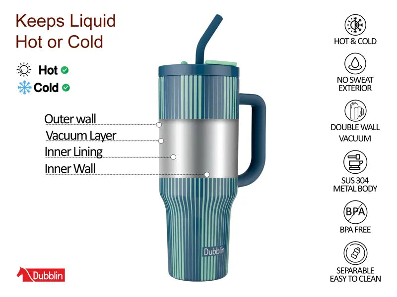 Dubblin Rock 1200ml Thermal Vacuum Insulated Mug with Stainless Steel Straw (Twin Flow: Normal Sipper Plus Straw Sipper)