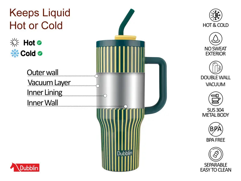 Dubblin Rock 1200ml Thermal Vacuum Insulated Mug with Stainless Steel Straw (Twin Flow: Normal Sipper Plus Straw Sipper)