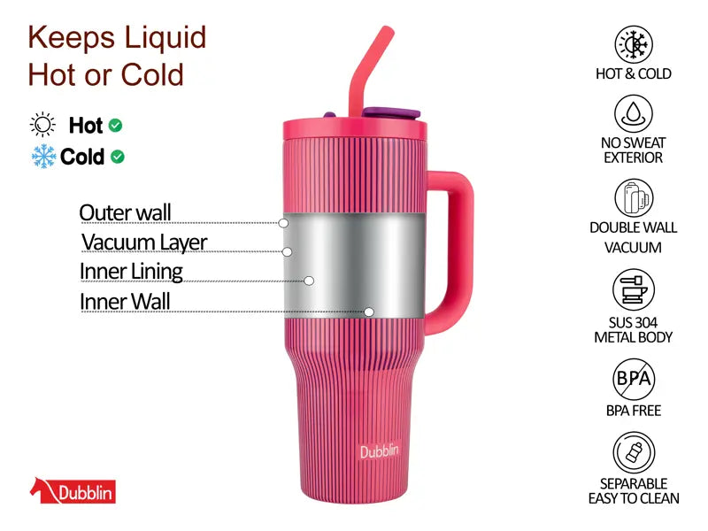 Dubblin Rock 1200ml Thermal Vacuum Insulated Mug with Stainless Steel Straw (Twin Flow: Normal Sipper Plus Straw Sipper)
