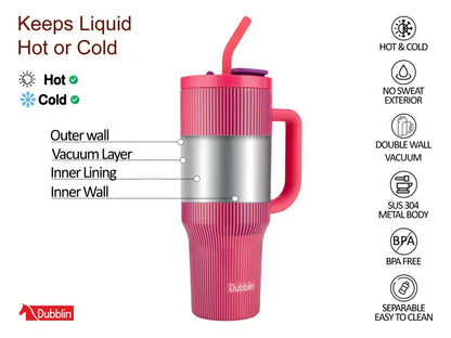 Dubblin Rock 1200ml Thermal Vacuum Insulated Mug with Stainless Steel Straw (Twin Flow: Normal Sipper Plus Straw Sipper)