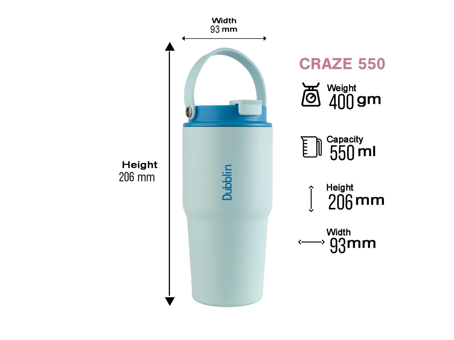 Dubblin Craze 550 Thermal Vacuum Insulated Sipper Bottle (Twin Flow: Normal Sipper Plus Straw Sipper)