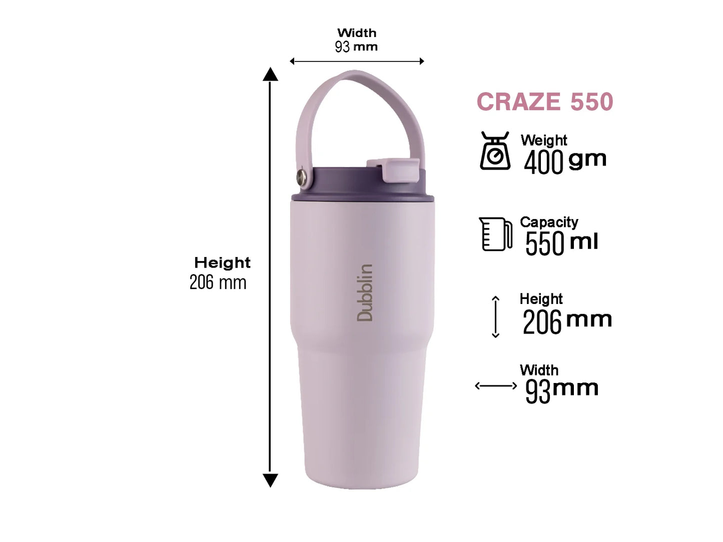 Dubblin Craze 550 Thermal Vacuum Insulated Sipper Bottle (Twin Flow: Normal Sipper Plus Straw Sipper)