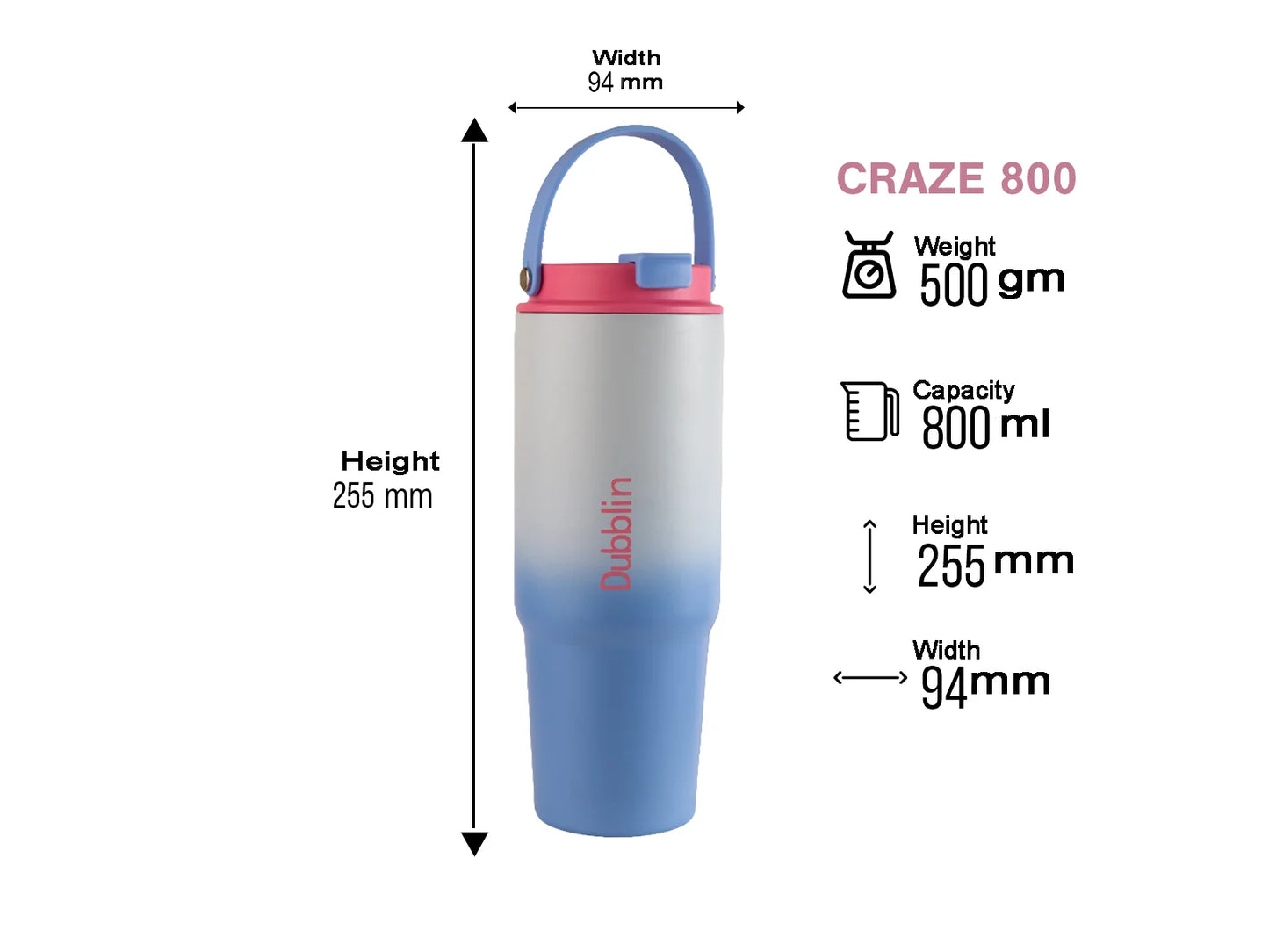 Dubblin Craze 800 Thermal Vacuum Insulated Sipper Bottle (Twin Flow: Gulper Plus Straw Sipper)