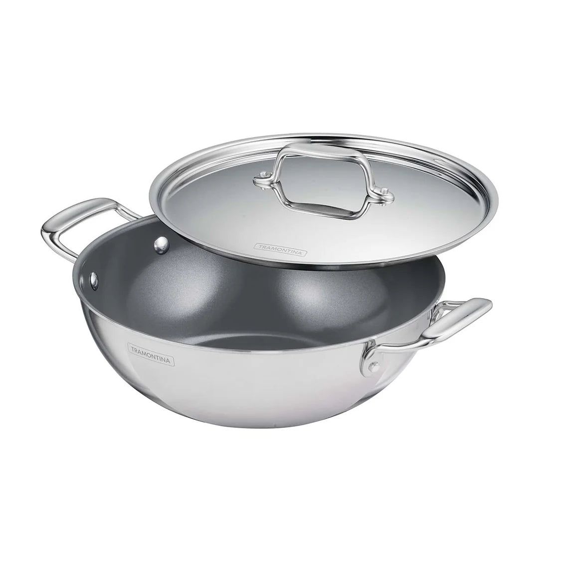 Tramontina Fusao Kadai with SS Lid (20, 24, 26, 30cm) Tri-Ply Clad Stainless Steel Ceramic Coated