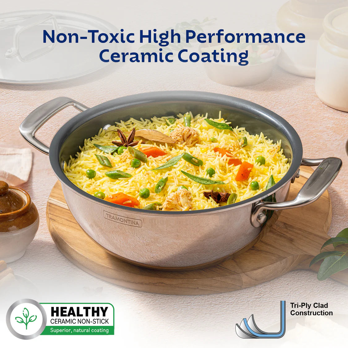 Tramontina Fusao Deep Kadai with SS Lid (20, 24, 26, 28, 32, 36, 40cm) Tri-Ply Clad Stainless Steel Ceramic Coated