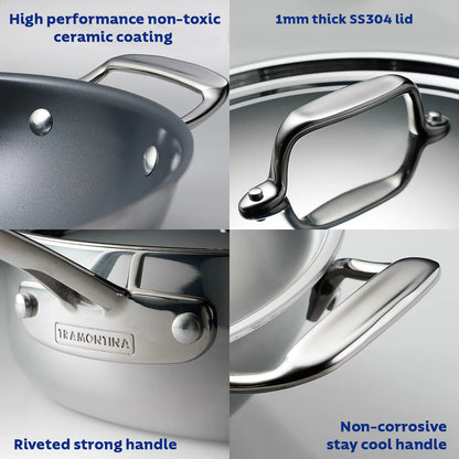 Tramontina Fusao Deep Kadai with SS Lid (20, 24, 26, 28, 32, 36, 40cm) Tri-Ply Clad Stainless Steel Ceramic Coated