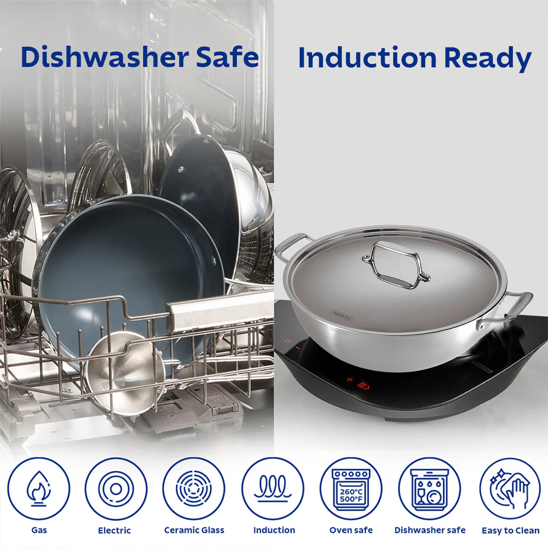 Tramontina Fusao Deep Kadai with SS Lid (20, 24, 26, 28, 32, 36, 40cm) Tri-Ply Clad Stainless Steel Ceramic Coated